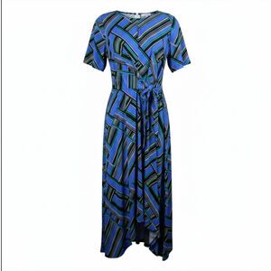 London Times Blue Geometric Print Jersey Knit Wrap Maxi Dress Size 4